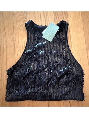 H&M NWT Women's Medium Black Sequin High Neck Zip Crop Top